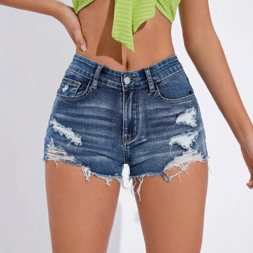Blue High Waist Ripped Denim Shorts for Women