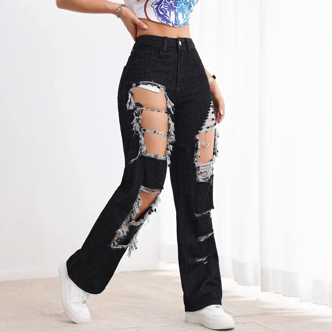 Black High Waist Ripped Straight Jeans Women