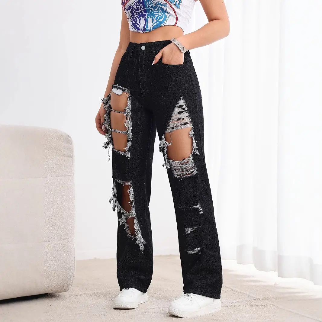 Black High Waist Ripped Straight Jeans Women