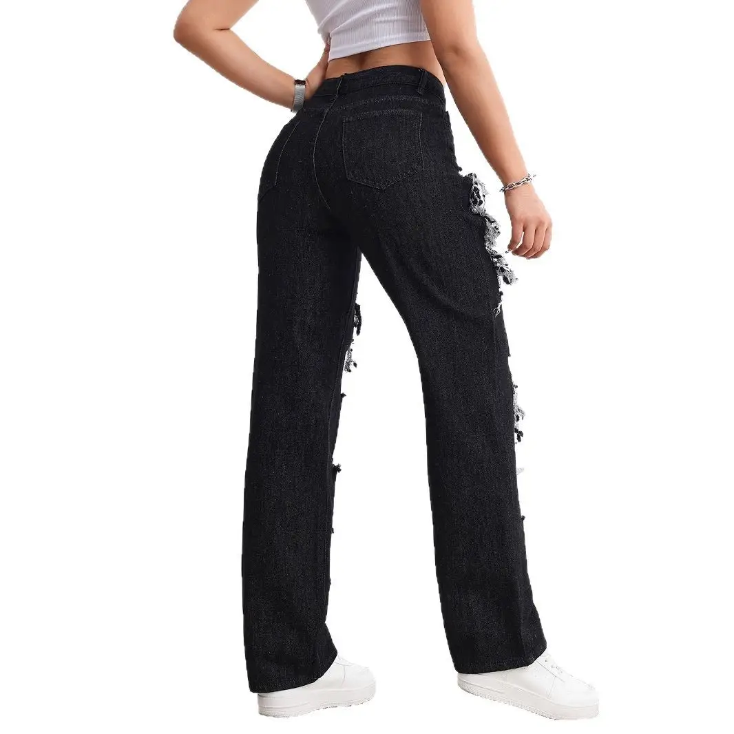 Black High Waist Ripped Straight Jeans Women