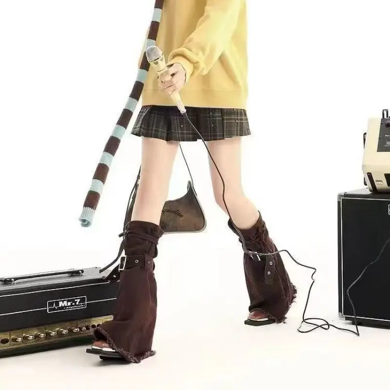 Brown Denim Punk Leg Cover with Lace Straps
