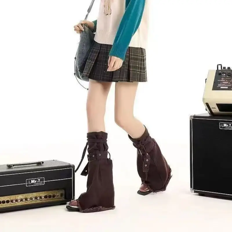 Brown Denim Punk Leg Cover with Lace Straps