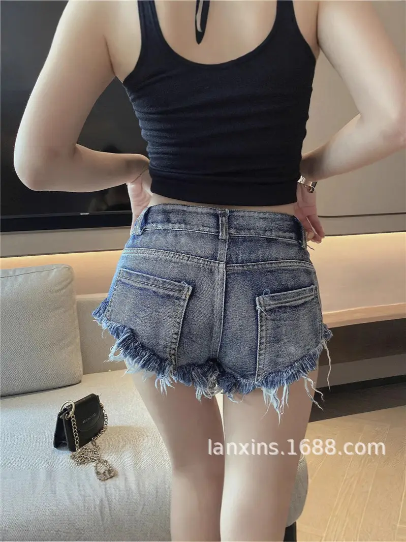 Women Denim Shorts with Rivets Low Waist Blue Punk Style