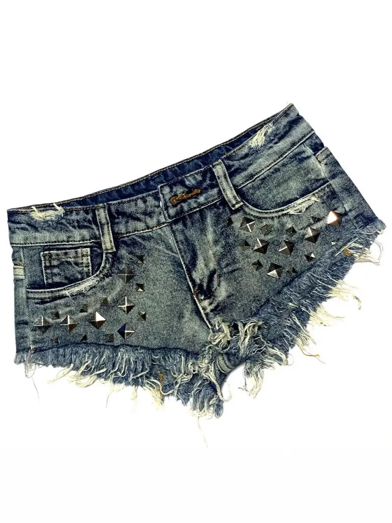 Women Denim Shorts with Rivets Low Waist Blue Punk Style