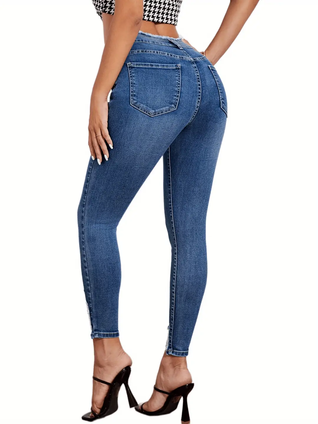 High Waist Ripped Denim Pants Slim Fit Blue Pakistan