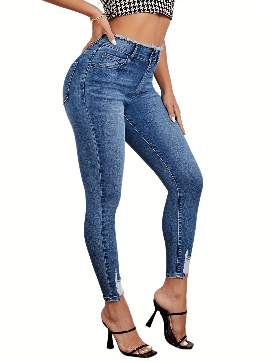 High Waist Ripped Denim Pants Slim Fit Blue Pakistan