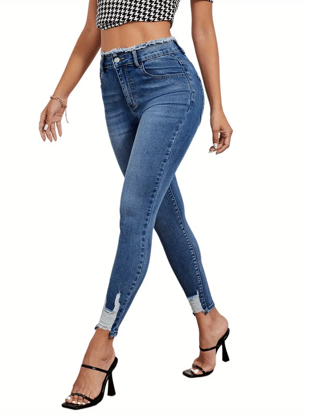 High Waist Ripped Denim Pants Slim Fit Blue Pakistan