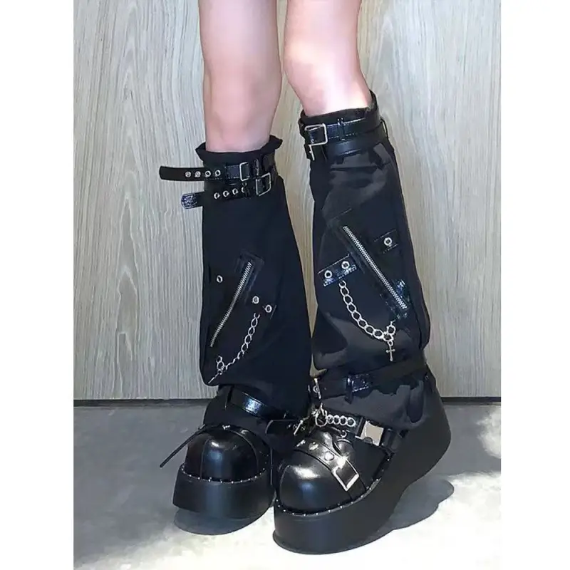 Women Dark Punk Leather Leg Set with Cross Chains and Buckles