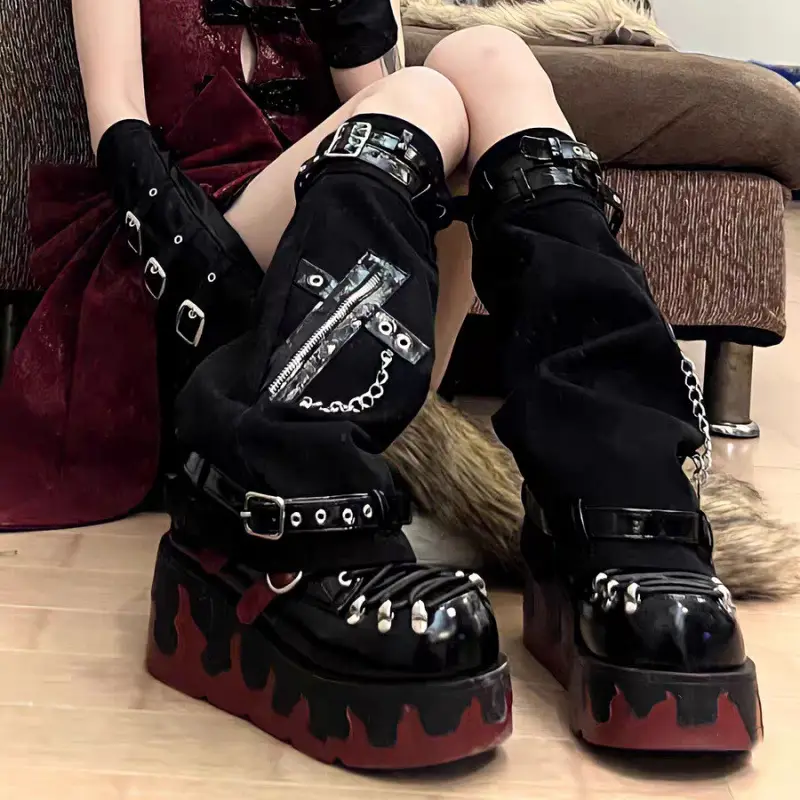 Women Dark Punk Leather Leg Set with Cross Chains and Buckles