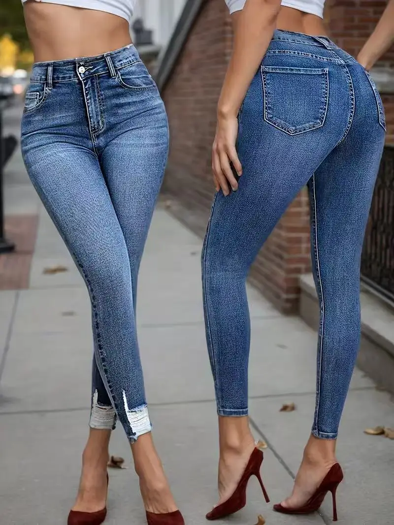 High Waist Jeans for Women with Elastic Waistband & Distressed Ankle