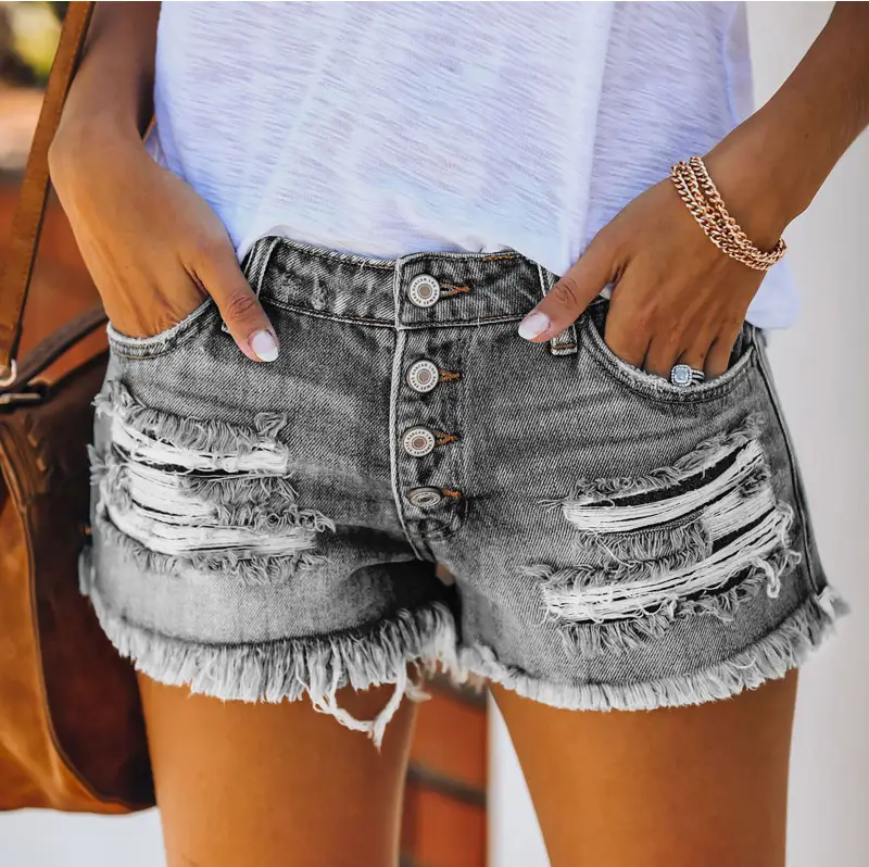 Women Ripped Denim Shorts Trendy Casual Blue