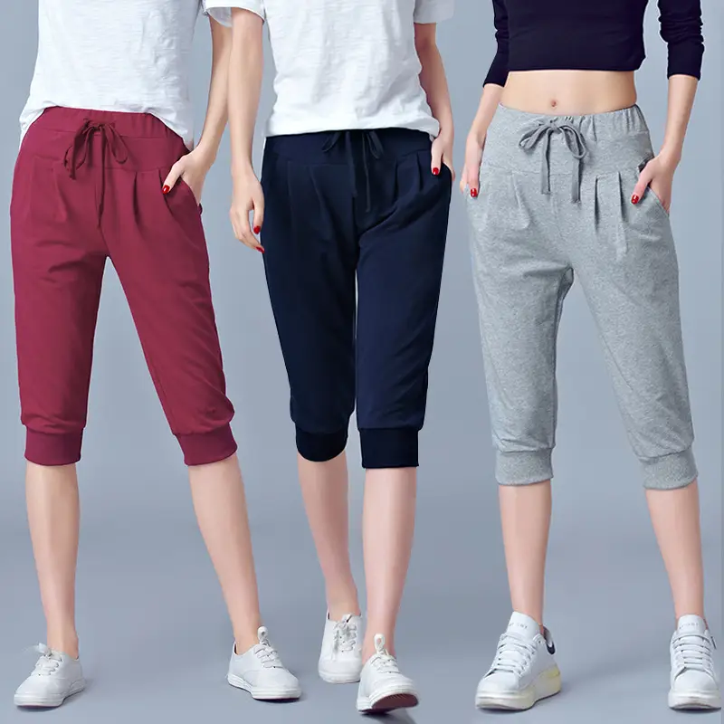 Women High Waisted Stretch Cropped Pants Plus Size Summer Gray