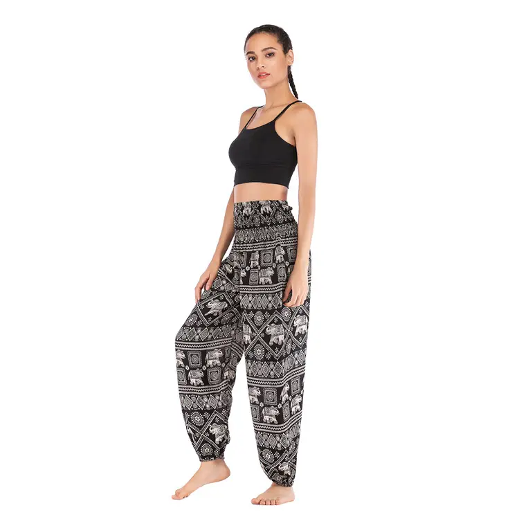 Women Elephant Print Yoga Pants High Waist Black Casual Wear