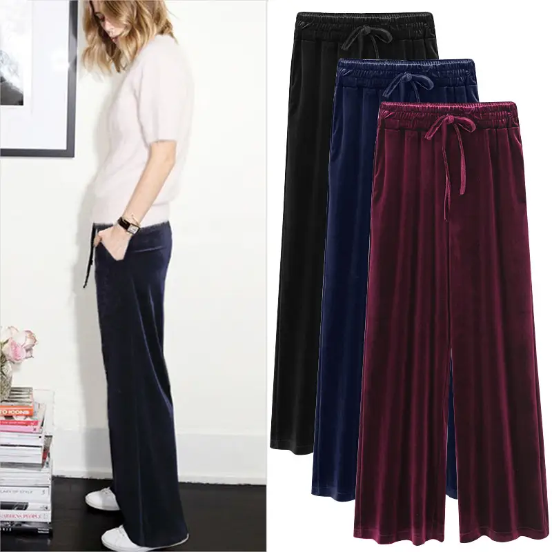 Women Velvet Wide Leg Pants Plus Size High Waisted Casual Black