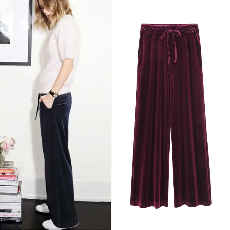 Women Velvet Wide Leg Pants Plus Size High Waisted Casual Black