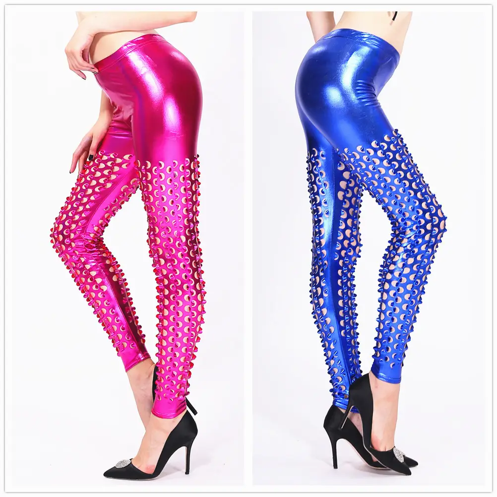 Punk Fish Scale Leggings Blue Pink Hollow Out