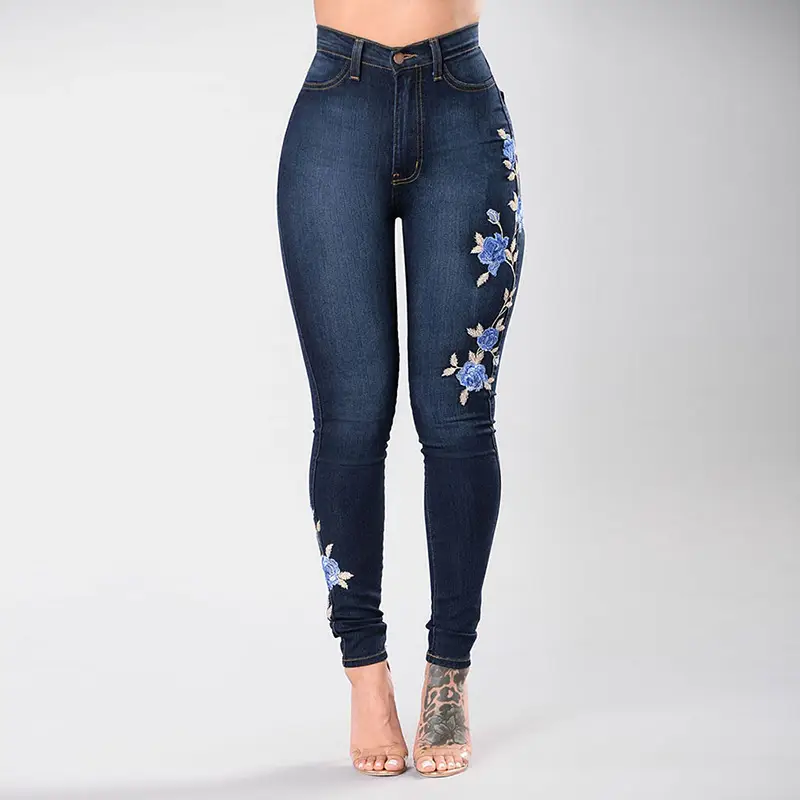 Women Slim Embroidered High Waist Jeans Blue Floral Design