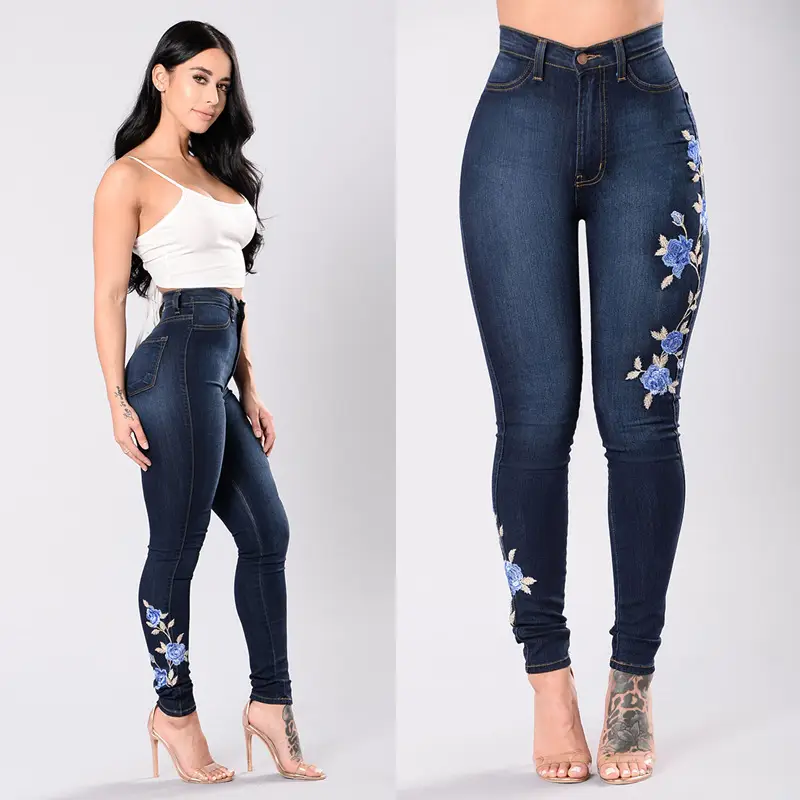 Navy Blue Floral Embroidered Jeans for Women