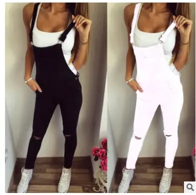Women Casual Shoulder Strap Jumpsuit White Black Ripped Leg