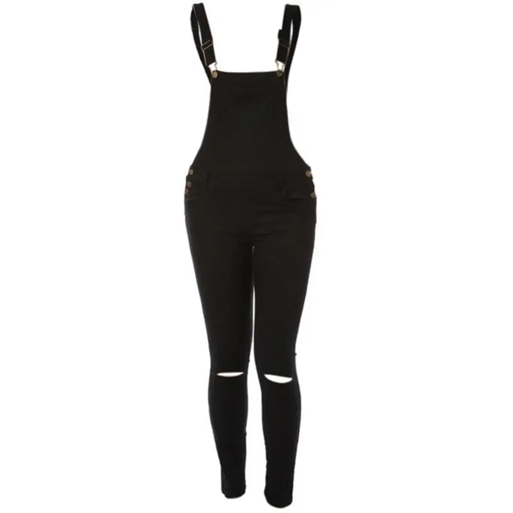 Women Casual Shoulder Strap Jumpsuit White Black Ripped Leg