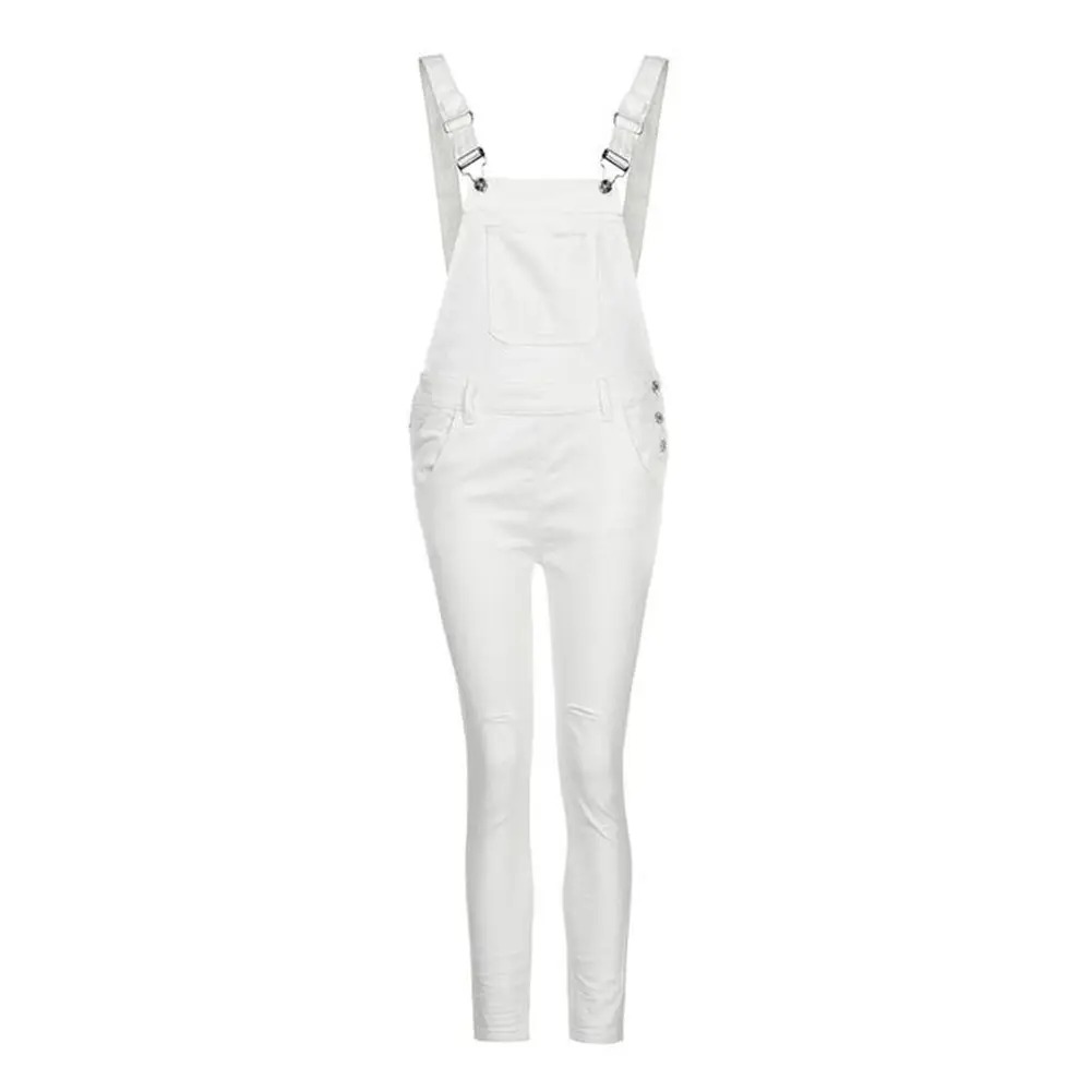 Women Casual Shoulder Strap Jumpsuit White Black Ripped Leg