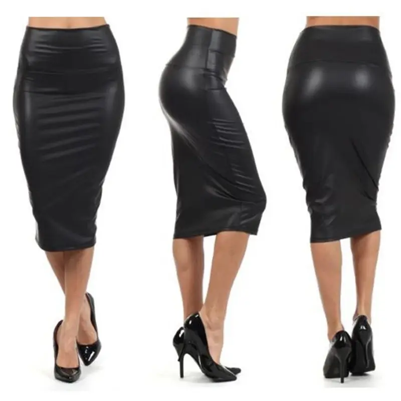 Women Matte Faux Leather High Waist Slim Knee-Length Skirt Black