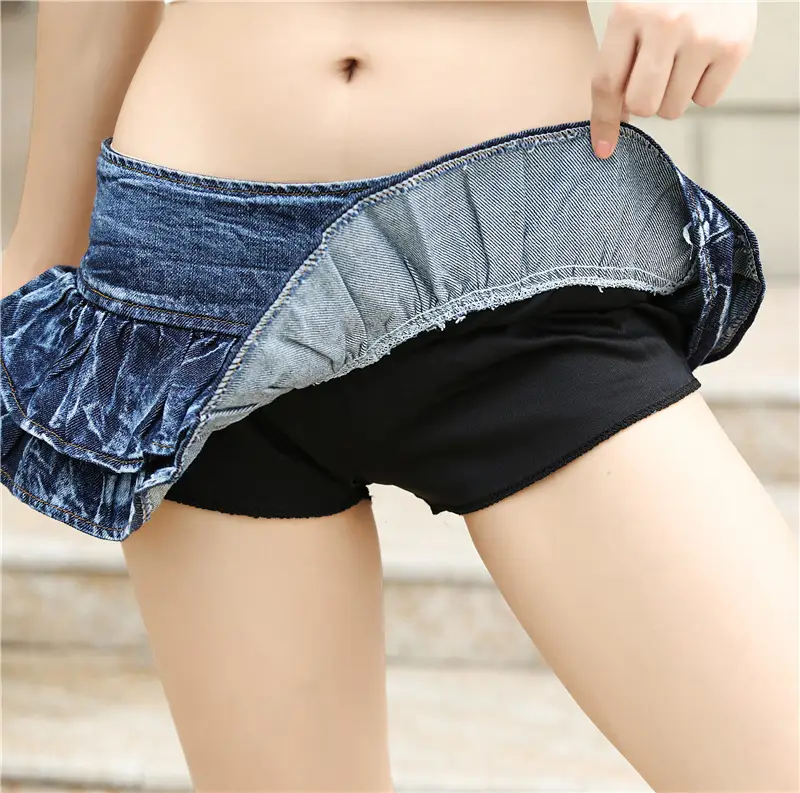 Denim Ruffled Miniskirt Ultra Low Waist Women's Nightclub Dance Skirt