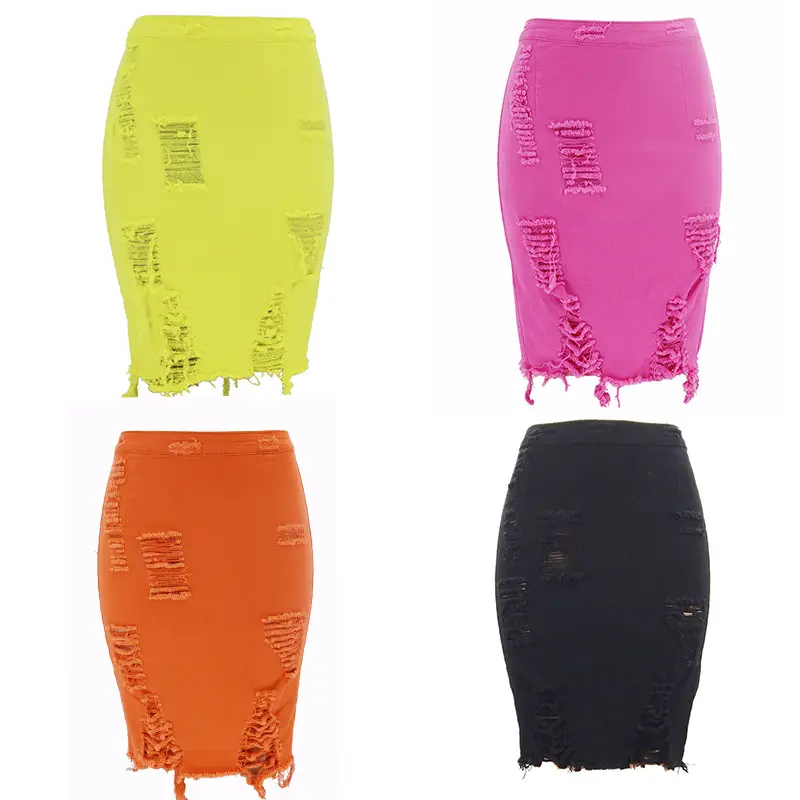 Women Ripped Denim Skirt Blue High Waist Sexy Summer