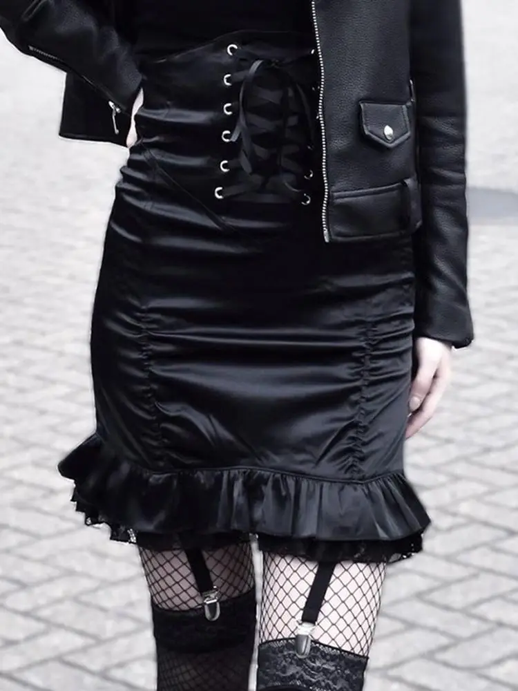 Black Lace High Waist Pleated Skirt for Women