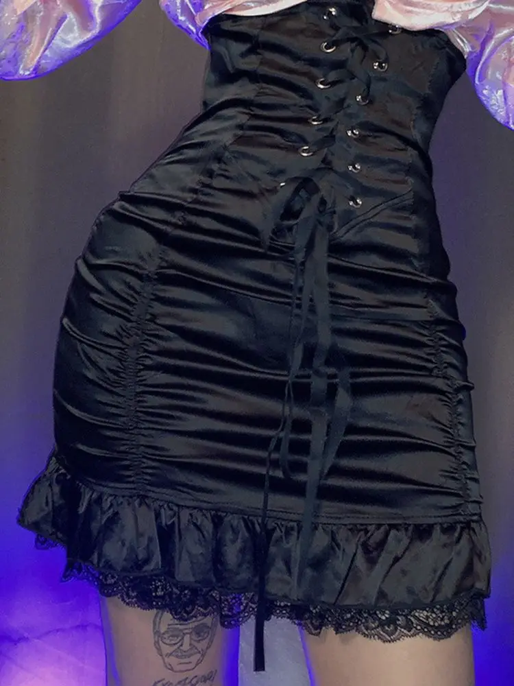Black Lace High Waist Pleated Skirt for Women