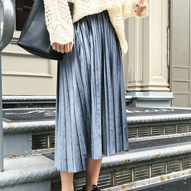 Elegant Pleated Skirt Blue Plus Size Elastic Waist