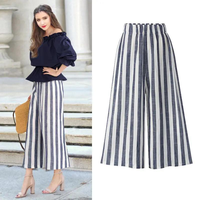 Women Linen Striped Wide-leg Pants Plus Size High Waist Summer