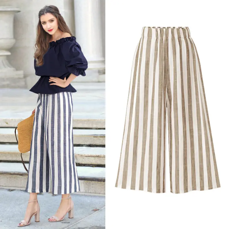 Women Linen Striped Wide-leg Pants Plus Size High Waist Summer