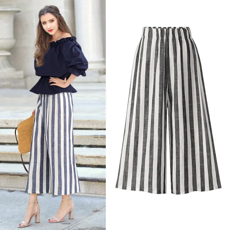 Women Linen Striped Wide-leg Pants Plus Size High Waist Summer