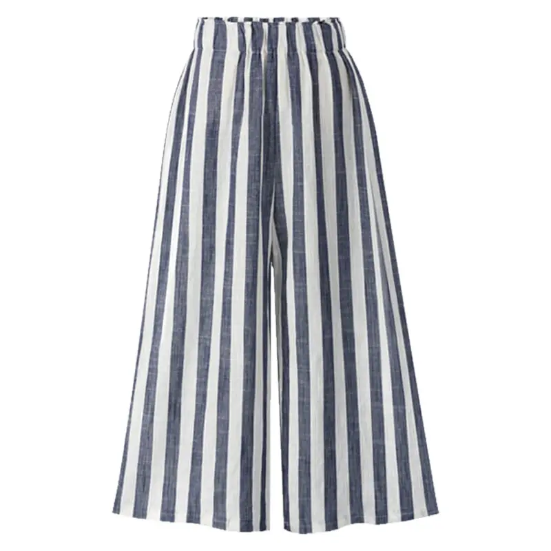 Women Linen Striped Wide-leg Pants Plus Size High Waist Summer