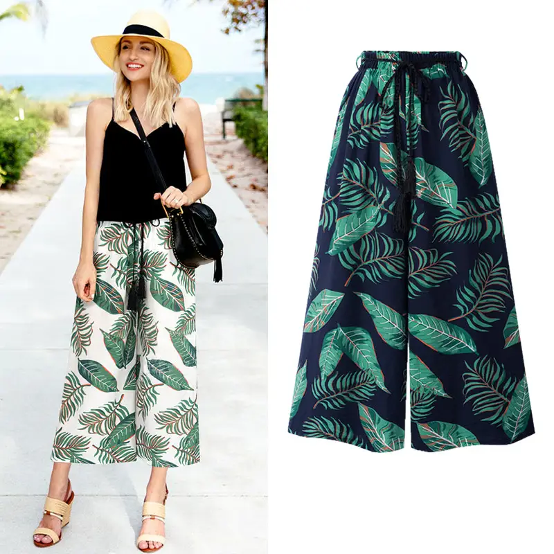 Women Floral Wide-leg Cropped Beach Pants XXL Green White