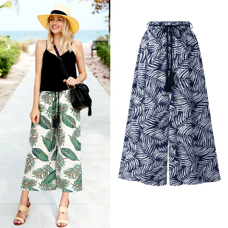 Women Floral Wide-leg Cropped Beach Pants XXL Green White