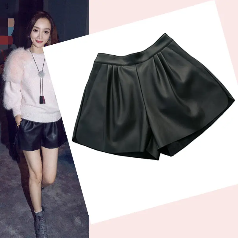 Women PU Leather Shorts Black Slim Elastic Waist