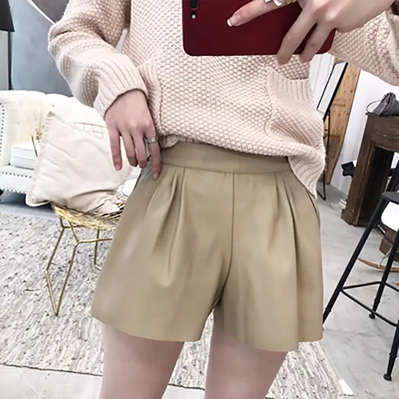 Women PU Leather Shorts Black Slim Elastic Waist