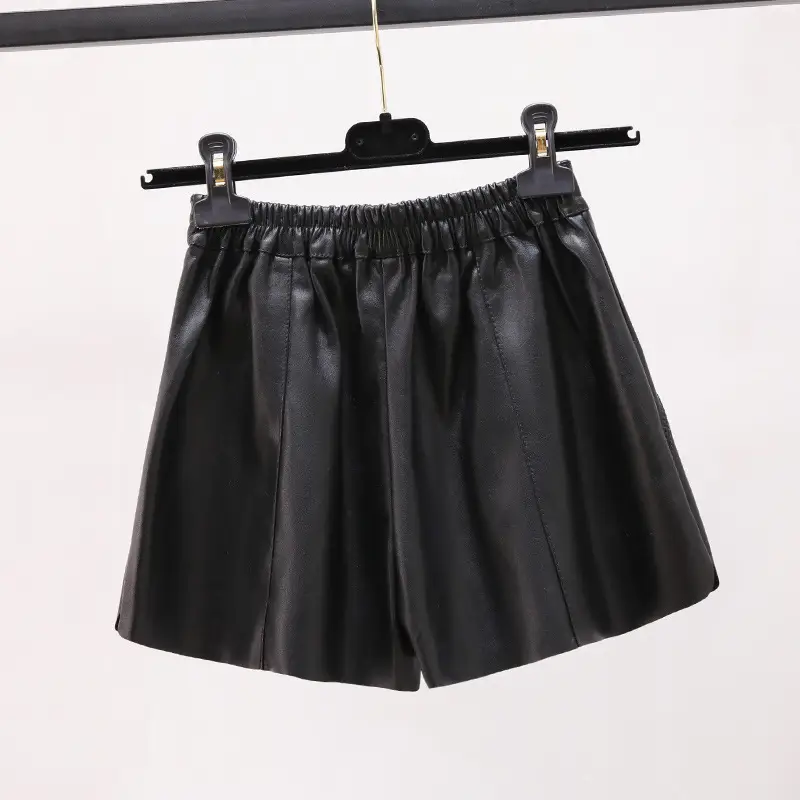 Women PU Leather Shorts Black Slim Elastic Waist
