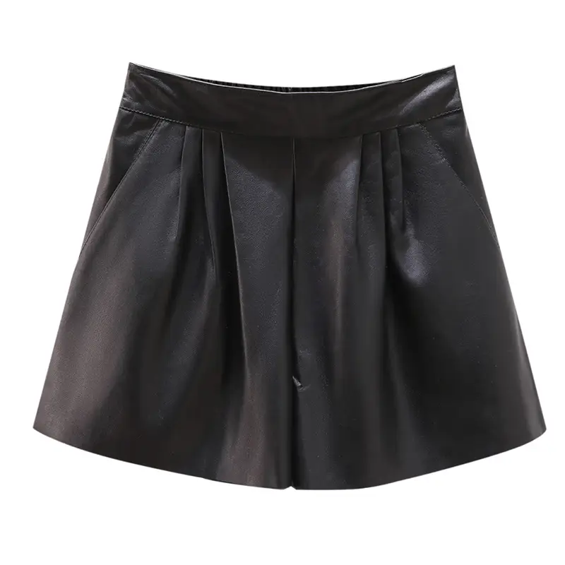 Women PU Leather Shorts Black Slim Elastic Waist