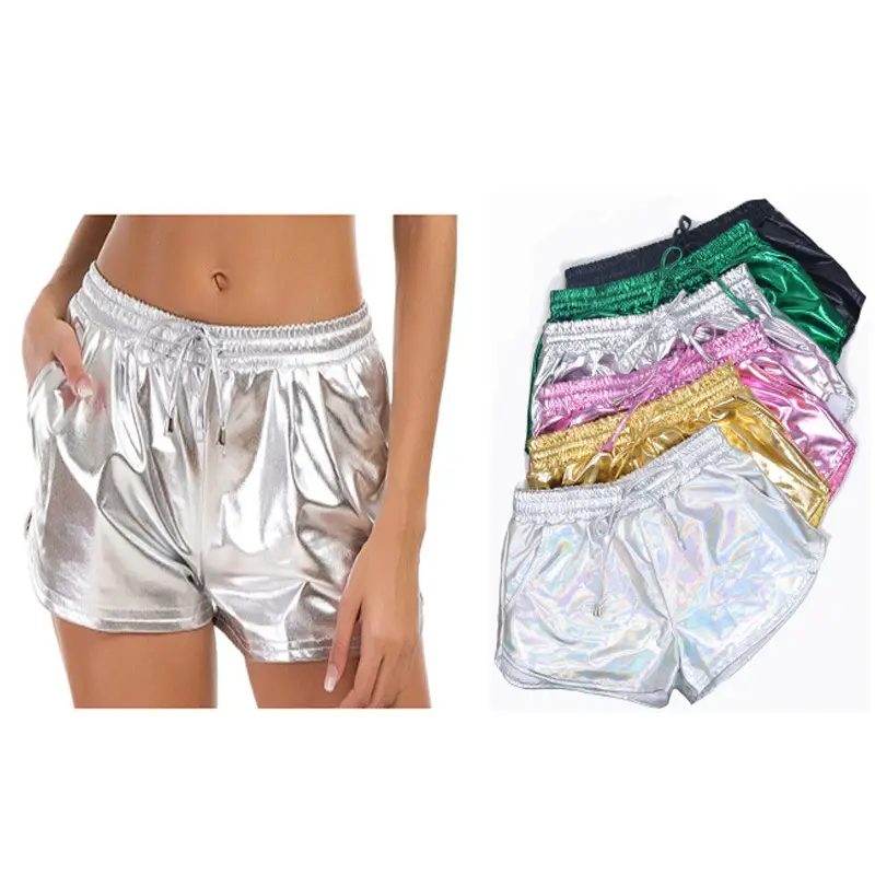 Women Metallic PU Shorts Silver Multi Color Elastic Waist