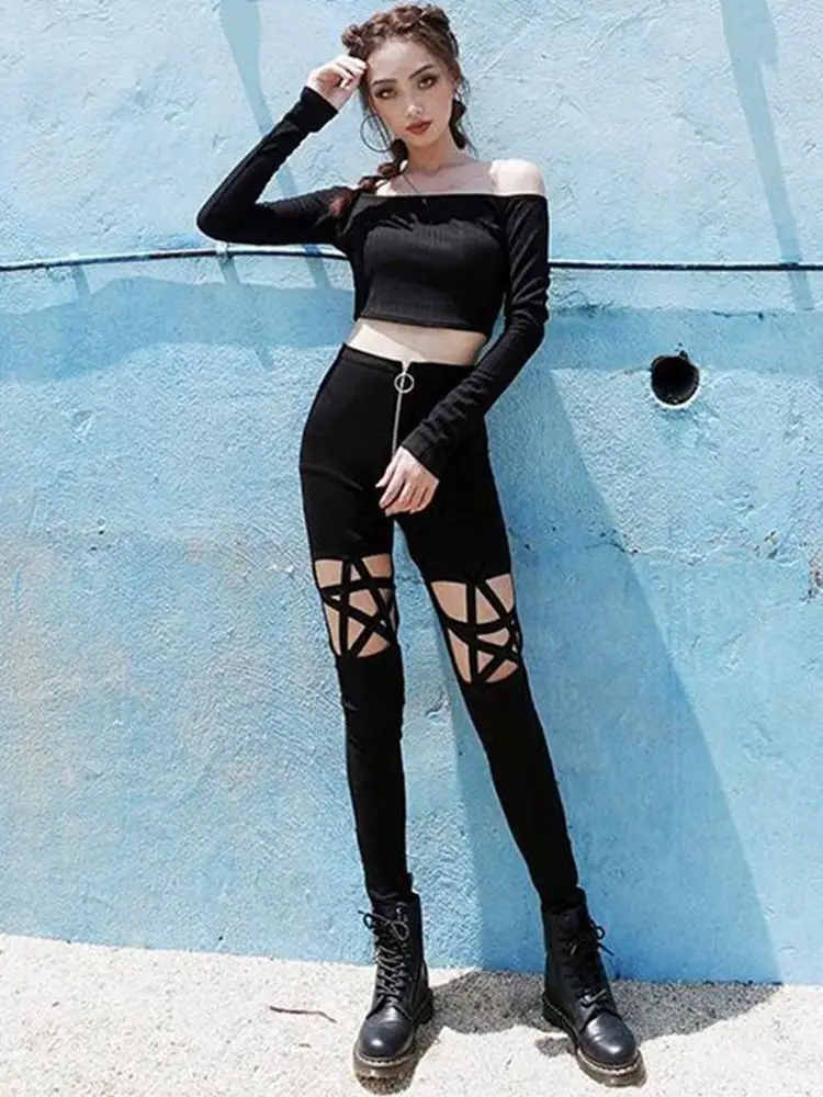 Black High Waist Zipper Pants with Star Cutout Design