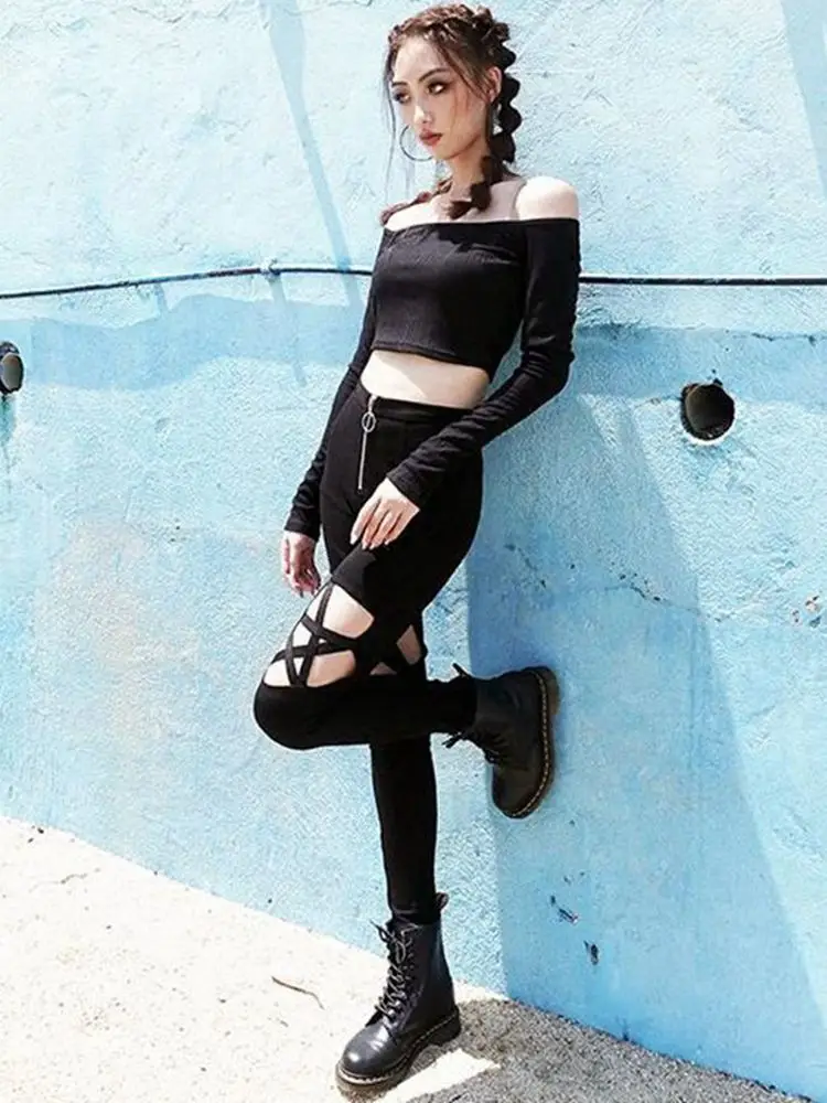 Black High Waist Zipper Pants with Star Cutout Design