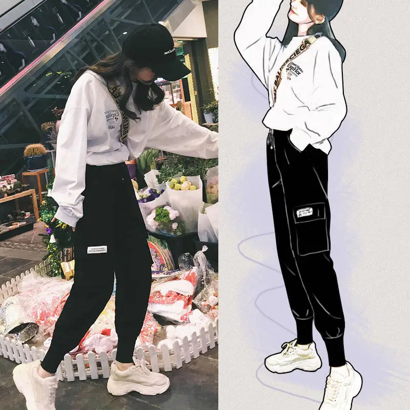 Women Black High Waist Casual Pants Spring Sports