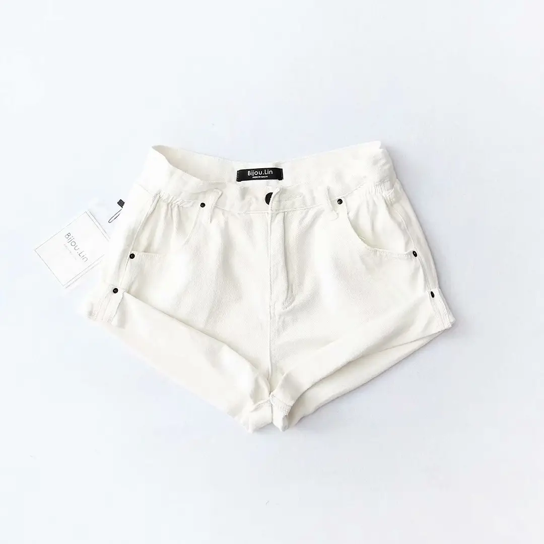 Women Washed Elastic Waist Denim Shorts Summer