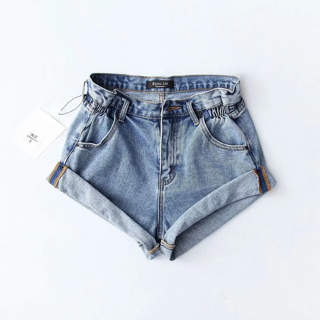 Women Washed Elastic Waist Denim Shorts Summer