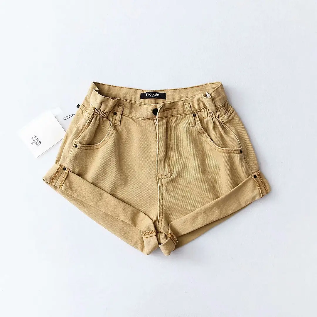 Women Washed Elastic Waist Denim Shorts Summer