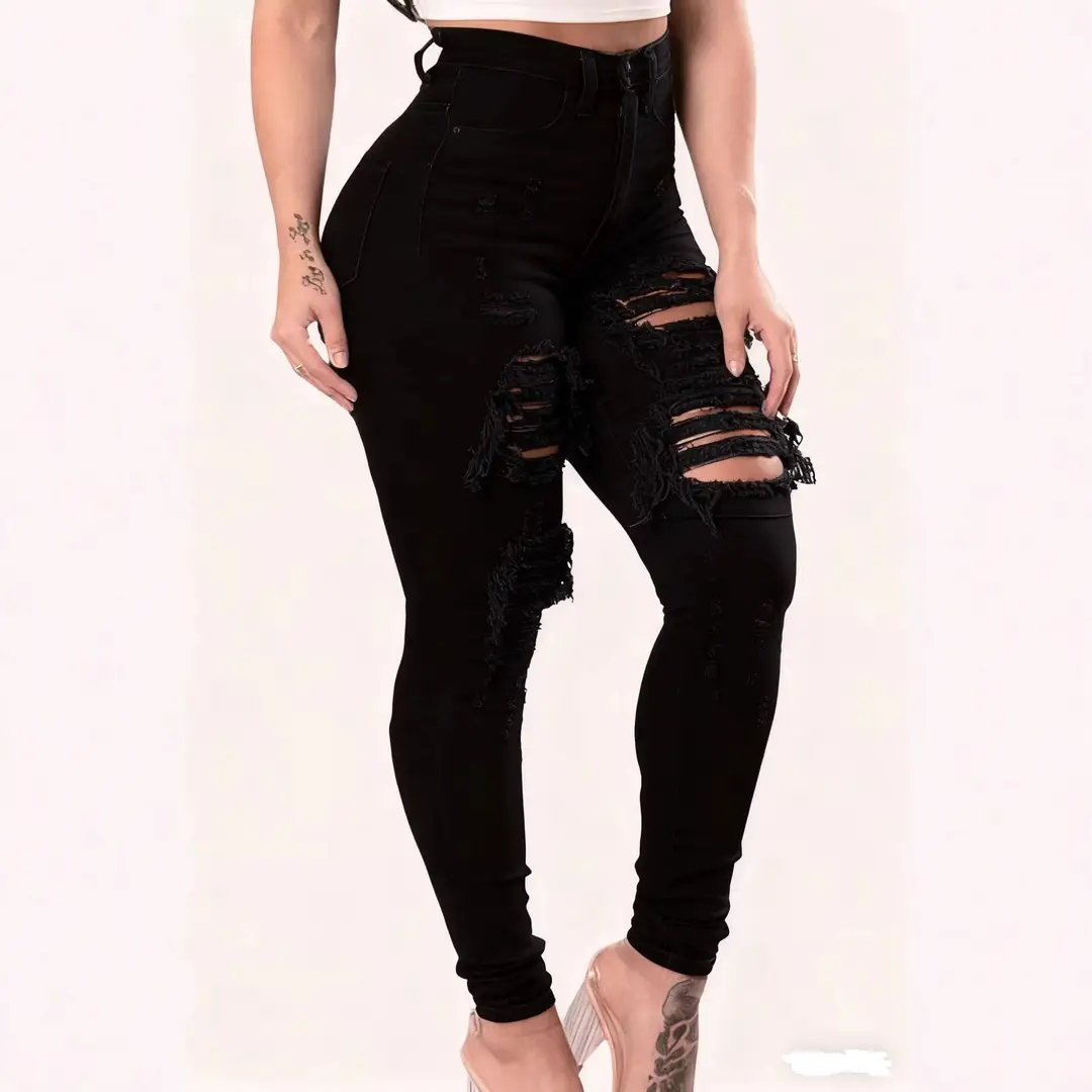 Women Ripped Skinny Jeans High Waist Blue Denim
