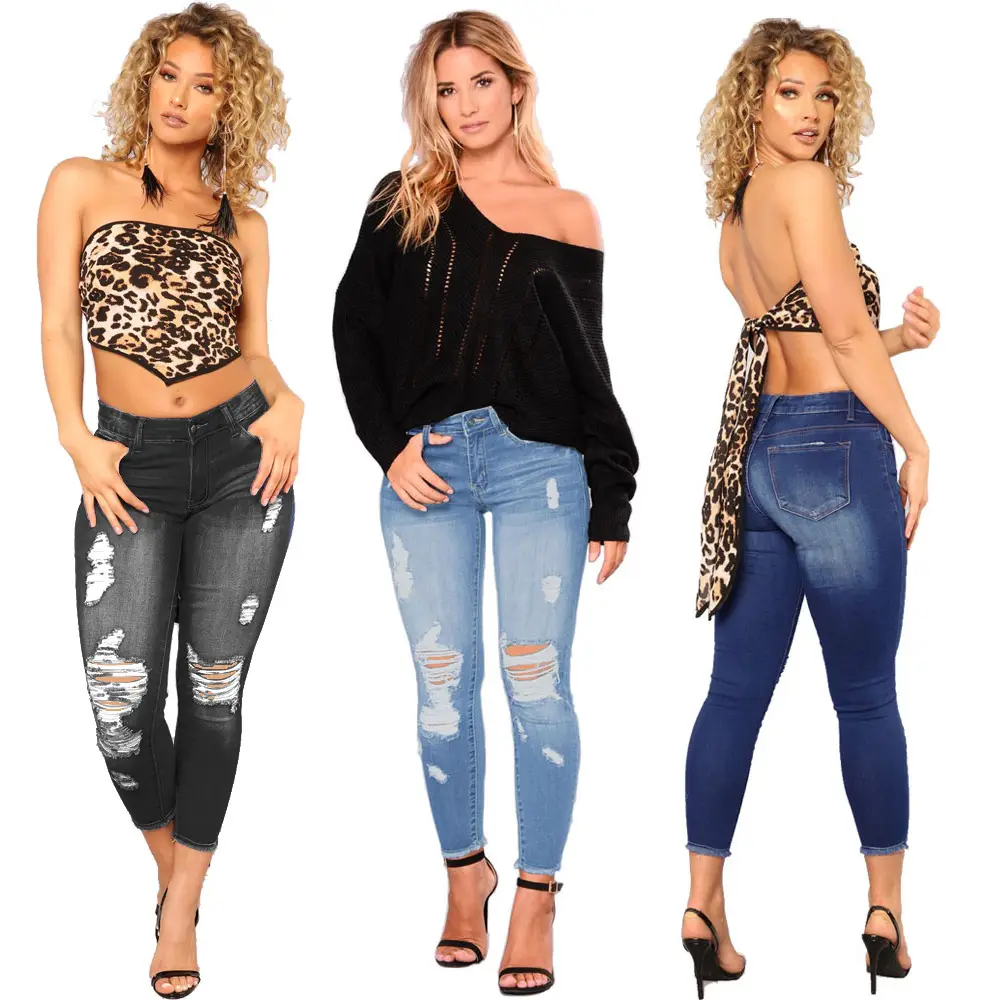 Women Ripped Denim Pants Dark Blue Tight Fit